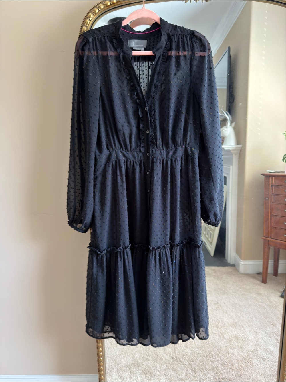 Anthropologie Black Swiss Dot Tiered Midi Dress